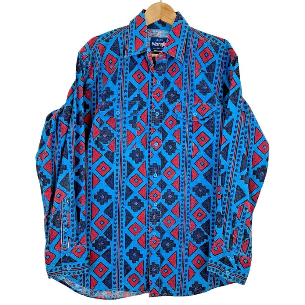 Vintage Wrangler‎ Brushpopper Aztec Blue Men's Size L 16-16.5 Button Up